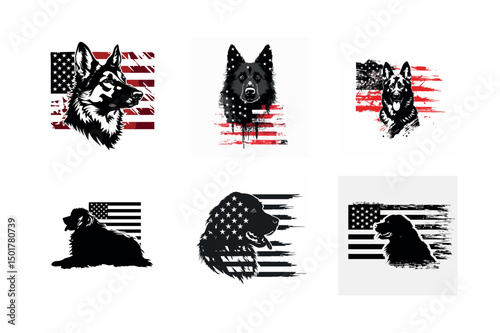 Six patriotic dog breed silhouettes with american flags