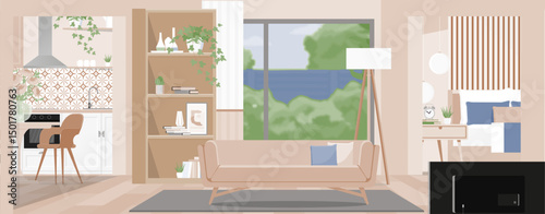 Modern interior design of a living room, kitchen and bedroom.