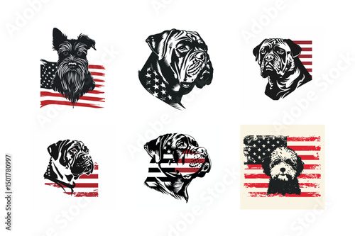 Patriotic dog breed portraits american flag background