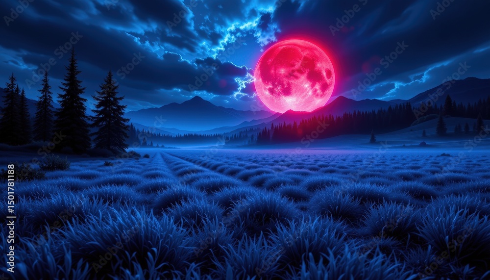 Fototapeta premium Mysterious Surreal Landscape Nighttime Wilderness Digital Art Calm Environment Wide-Angle View Create a Surreal Standard