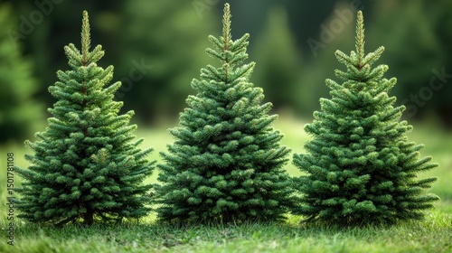 Three Lush Christmas Trees Standing Gracious in a Field of Green Nature