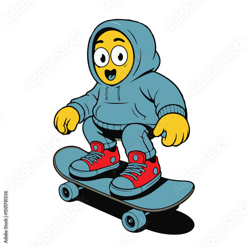 A funny cartoon vector illustration depicts a smiling skateboarder boy having fun with his skateboard art