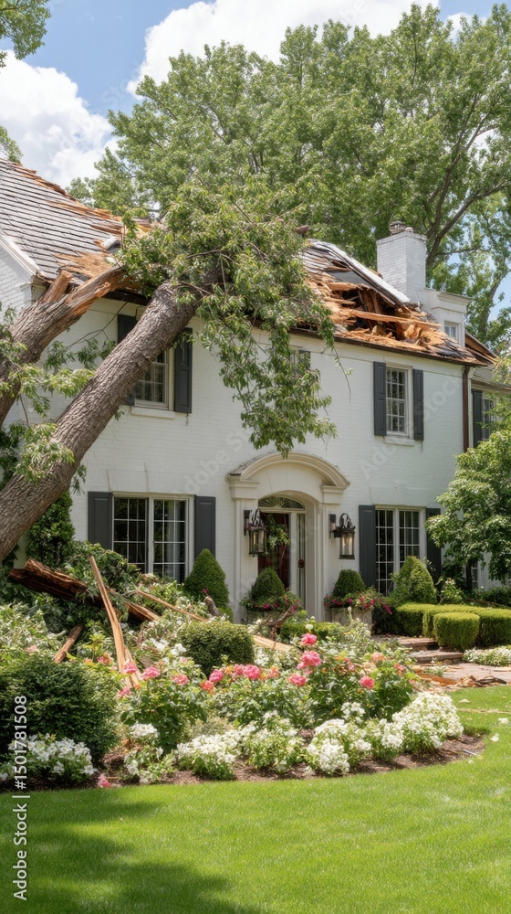 Fototapeta premium Tree falls on house damaging roof after storm in residential neighborhood; eye-level view of disaster and aftermath