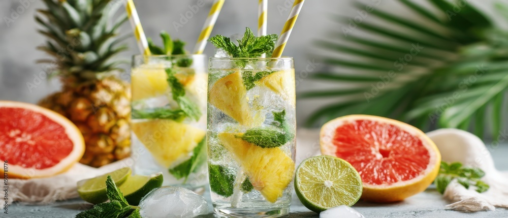 Fototapeta premium Refreshing Pineapple Mojito Cocktails with Mint and Citrus Fruits Still Life Close Up Summer Drink