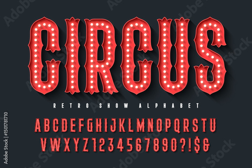Retro circus alphabet design, cabaret, fairy LED lamps letters and numbers.