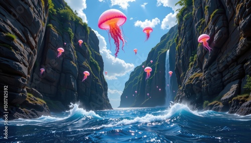 Jellyfish Dance in Dreamy Ocean Cliffs Scenic Fjord Nature Photography Serene Environment Wide-Angle View
