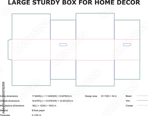 Flat box template for home decor construction with dimensions and manufacturing specifications