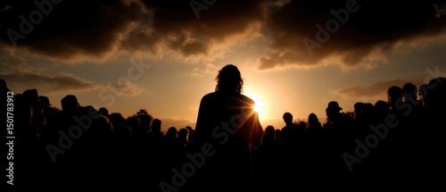 Crowd Silhouetted Against Sunset Sky, People Gather at Dusk, Golden Hour, Outdoor Event, Gathering, Celebration, Festival