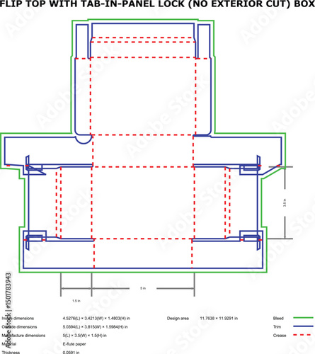Detailed schematic of a flip top box with tab in panel lock design for packaging.