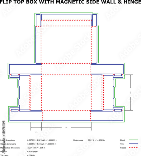 Vector blueprint illustration of a flip-top box design with magnetic side wall and hinge details