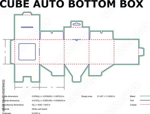 Detailed packaging template for a cube auto bottom box with specified dimensions