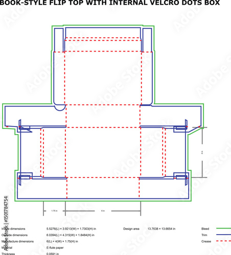 Detailed vector diagram of a book style flip top packaging box with internal features