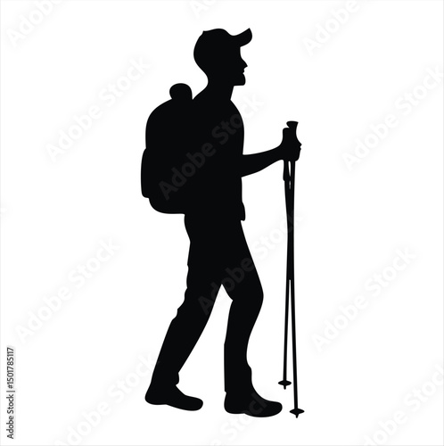 Silhouette of a hiker with backpack and trekking poles