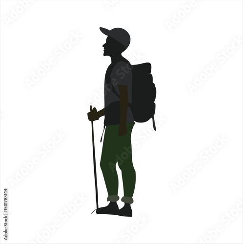 Silhouette of a hiker with backpack and trekking pole