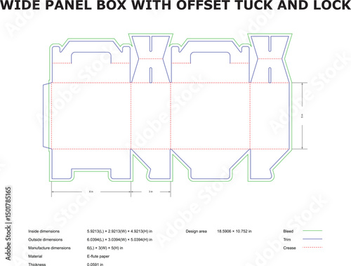 Detailed vector diagram of a wide panel box design with offset tuck and lock features