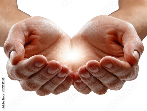 Open Hands Receiving: A symbol of offering and care, featuring hands cupped together, with a brilliant light radiating within. Signifying nurturing, generosity, and support. 