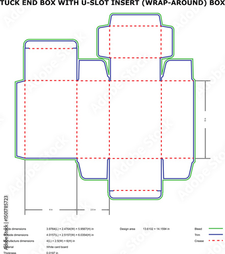 Detailed diagram of a tuck end box with u-slot insert for packaging and design purposes