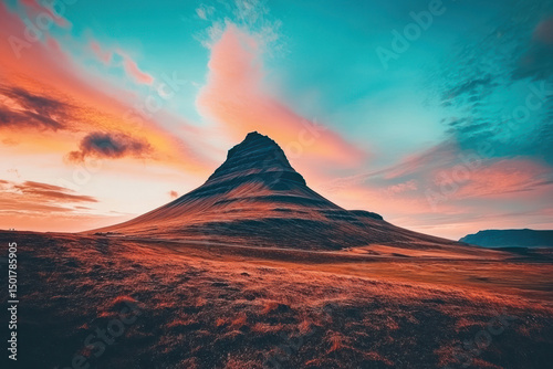 view of Kirkjufell in the evening in Iceland. Beautiful landscape, Iceland.