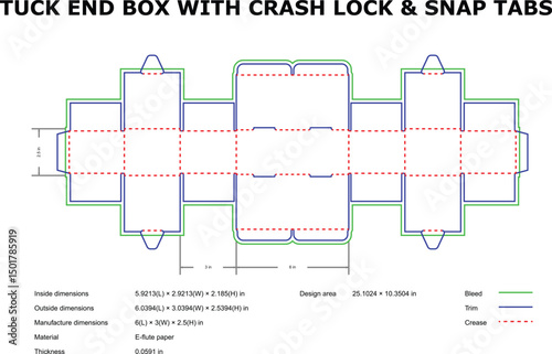 Detailed diagram of a tuck end box with crash lock and snap tabs design