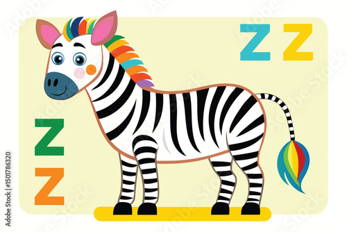 Adorable Cartoon Zebra with Rainbow Mane and Tail Z Alphabet Illustration
