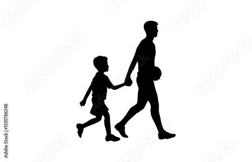 A football player is entering the field holding a child's hand vector.