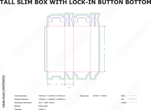 Flat design template for a tall slim box with lock in button bottom ready for production