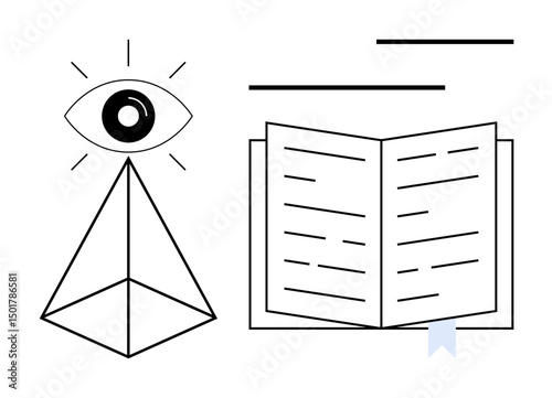 Eye on pyramid symbolizing wisdom, open book for education. Ideal for education, insight, discovery, creativity, innovation, research metaphors. Flat simple metaphor