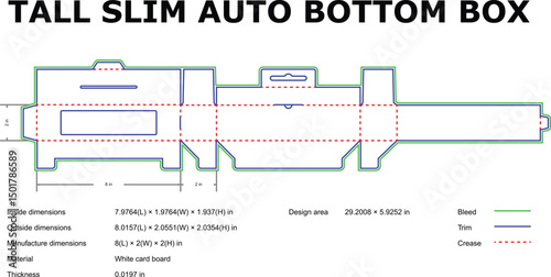 Detailed packaging diagram of a tall slim auto bottom box with measurements