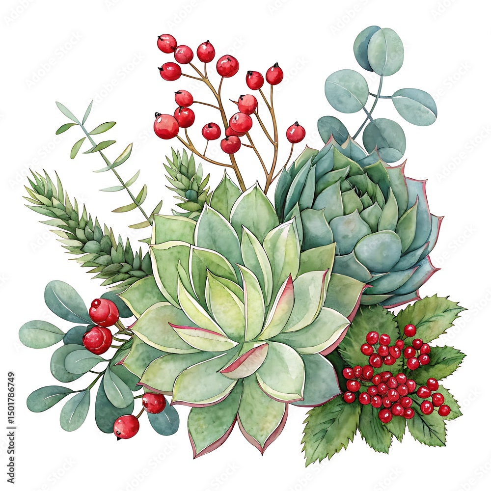 Fototapeta premium Watercolor Succulent Bouquet with Red Berries white background
