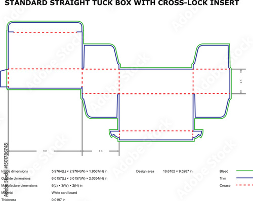 Detailed diagram of a standard straight tuck box packaging design template with cross-lock insert