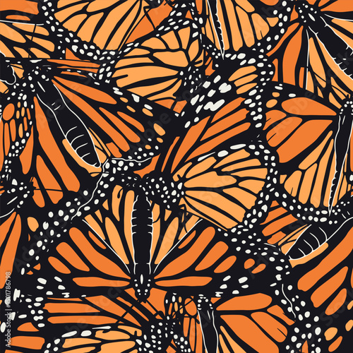 Seamless pattern with hand drawn orange monarch butterflies. Repeat wallpaper of beautiful tropical insect. Vector illustration