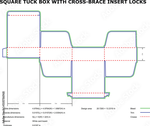 Detailed template design of a square tuck box featuring cross brace insert locks