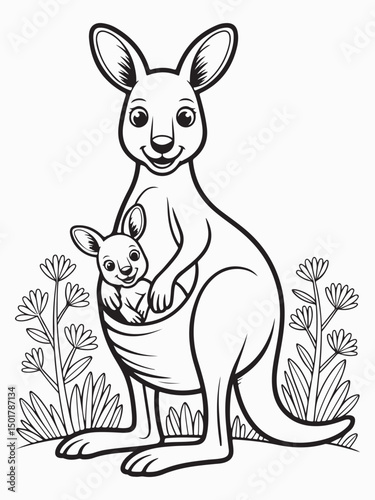 Cheerful Kangaroo Holding a Joey in Its Pouch Coloring Page