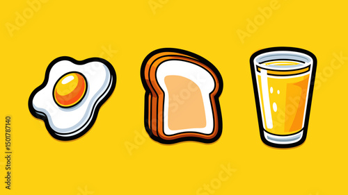Cartoon style breakfast with egg, slice of bread, and a tall glass of orange juice on a bright yellow background