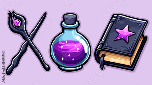 Cartoon wands crossed, potion bottle with pink liquid, and open spellbook lying side-by-side on a light purple background