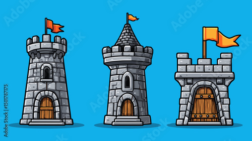 Three cartoon stone towers stand against a blue background, each topped with an orange flag and featuring a different architectural design