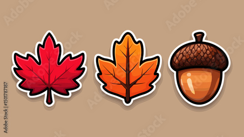 Cartoon maple leaves in red and orange with brown acorn presenting the arrival of autumn and the changing of seasons