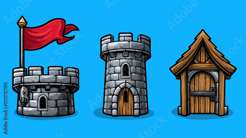 Castle buildings and tower illustrations present architectural stone fortresses with a waving red flag above, also a wooden structure with door