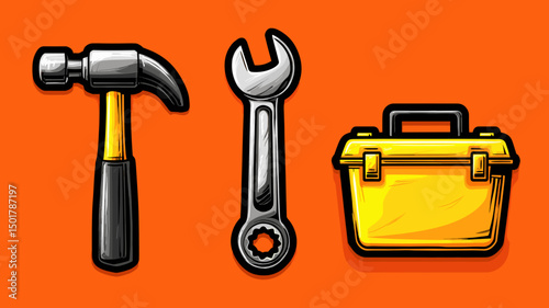 Hammer, wrench, and toolbox tools displayed against an orange background in flat style