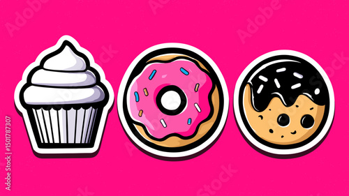 Cartoonish cupcake and donuts illustrations displayed against a bright pink backdrop in the style of stickers