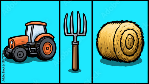 Three farming illustrations showcase an orange tractor, a metal pitchfork, and a rolled haystack on blue background