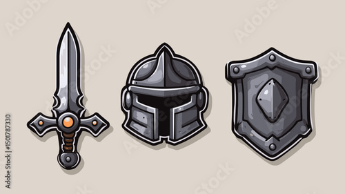 Knight's gear including a sword, helmet, and shield displayed on a beige background in a cartoonish, fantasy game style