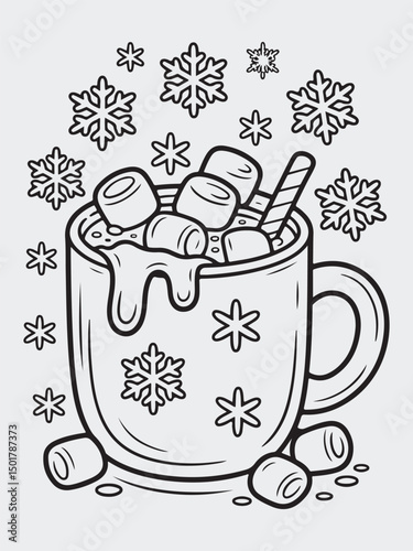 Cozy Mug of Cocoa with Marshmallows and Snowflakes Coloring Page