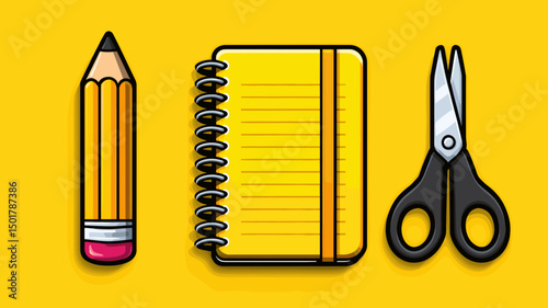 Bright yellow pencil, spiral notebook, and pair of black handled scissors lying on a yellow background