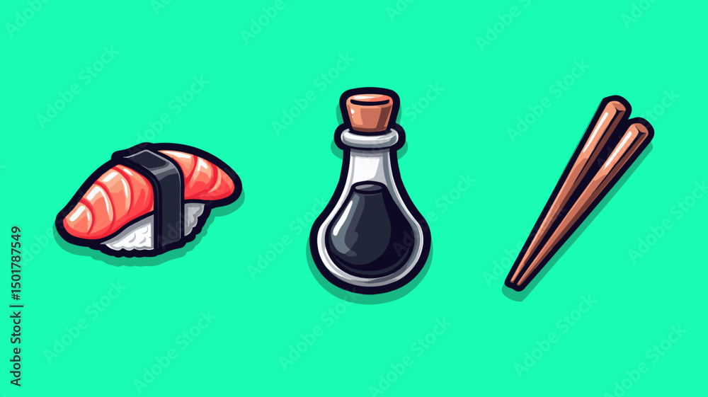 Sushi nigiri, soy sauce bottle and chopsticks arranged on a bright green background Sushi nigiri, soy sauce bottle and chopsticks arranged on a bright green background