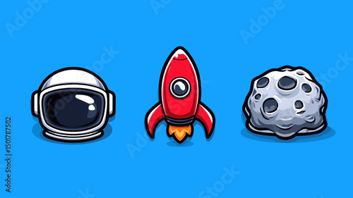 Cartoon astronaut helmet, red spaceship, and lunar rock floating against bright blue background communicate space exploration concept