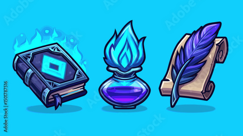 Magical symbols of ancient knowledge featuring a spellbook, potion, and quill on a blue background