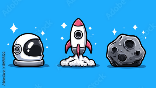 Space exploration featuring astronaut helmet, rocket launching with smoke, and asteroid on bright blue background