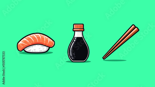 Sushi nigiri illustration featuring salmon, soy sauce bottle, and chopsticks on a green background