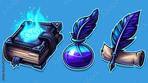 Spellbook, quill, and inkwell illustrations for fantasy literature and magical studies on a light blue background